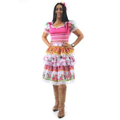 Vestido Festa Junina Adulta Caipira Flores com Babados e Renda