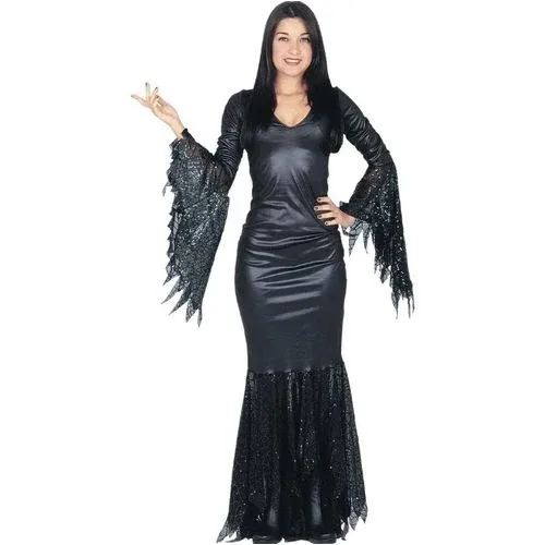 Fantasia Mortícia Addams Adulta Luxo Vestido Preto Halloween