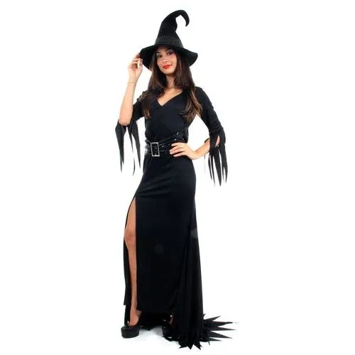 Fantasia Vestido Longo Bruxa Sombria Adulta com Chapéu - Halloween