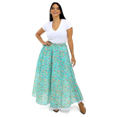 Saia Junina Carimbó Adulto e Infantil Longa Azul Floral com Renda